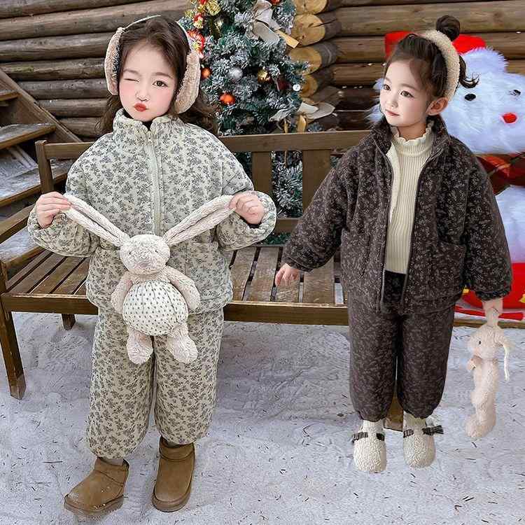 子供用綿入りセットアップ ガールズ 花柄 中小子供服 厚手 長袖パンツスタイル 深棕色 抹茶色｜Tanzan
