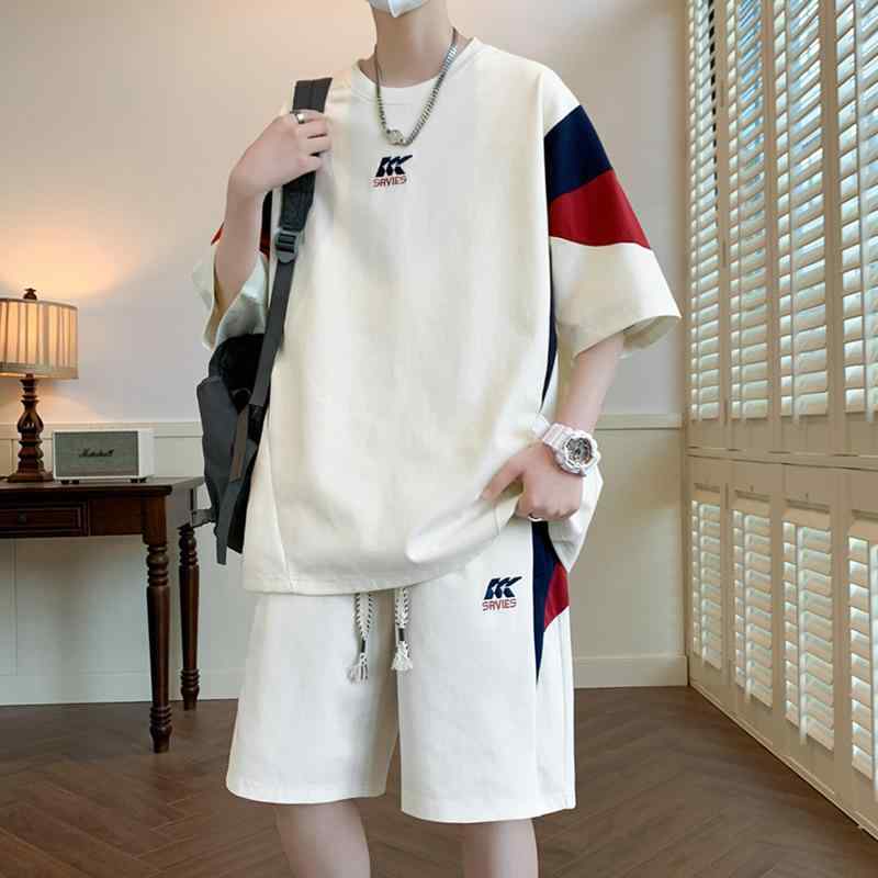 セットアップ メンズ 半袖 Tシャツ ショートパンツ スポーティ カジュアル 2点セット ポリエステル ブラック パープル系 ベージュ 春夏