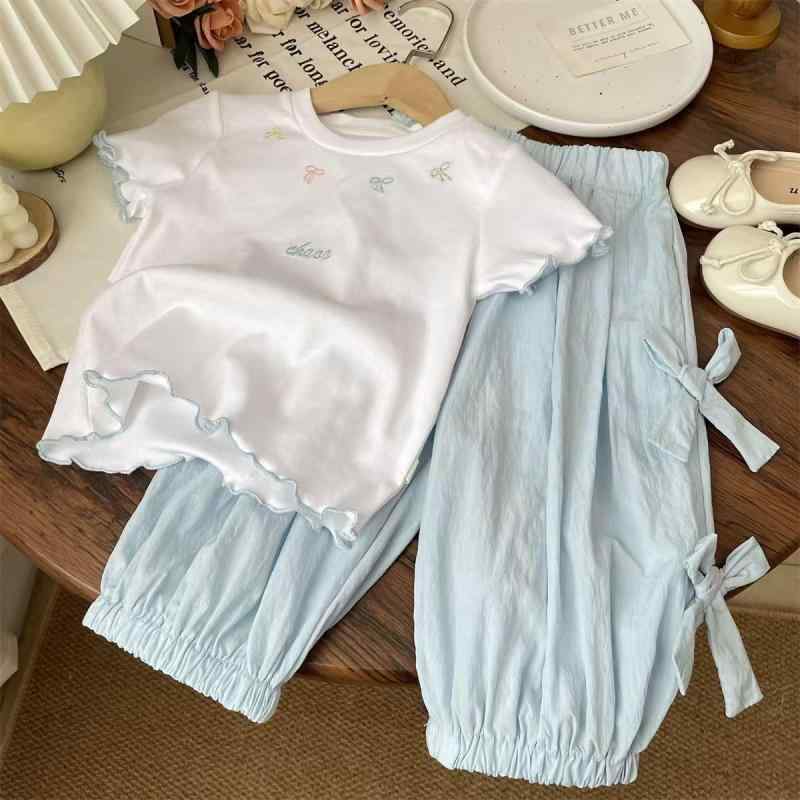 キッズ Tシャツ パンツ 上下セット 女の子 半袖 刺繍 蝶結び 薄手 夏服 かわいい ガールズ 子供服 スポーツ 普段着 90cm 100cm 110cm 120cm 130cm 140cm