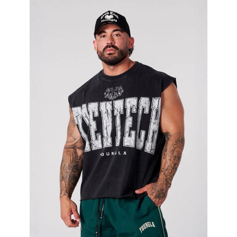 タンクトップ メンズ 男性用 高街 美式 ?古 水洗 ダメージ加工 ノースリーブ Tシャツ カップル スポーツウェア コットン100% ブラック レッド コーヒー色 グレー