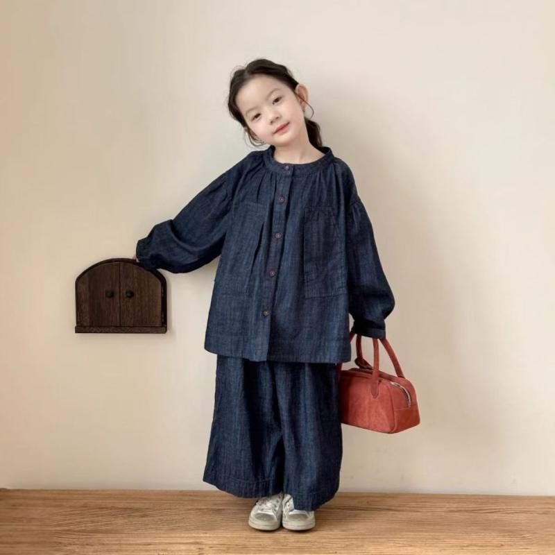 キッズ 服 女の子 秋物 デニム 長袖 セットアップ 子供服 おしゃれ かわいい レトロ カジュアル 2点セット 綿 上下セット 100cm 110cm 120cm 130cm 140cm 150cm 160cm