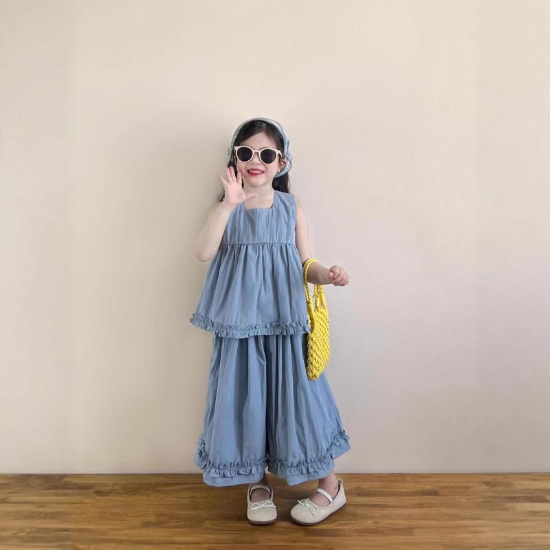 子供服 女の子 夏物 ブルー コットン ノースリーブ トップス ワイドレッグ フレアパンツ 2点セット