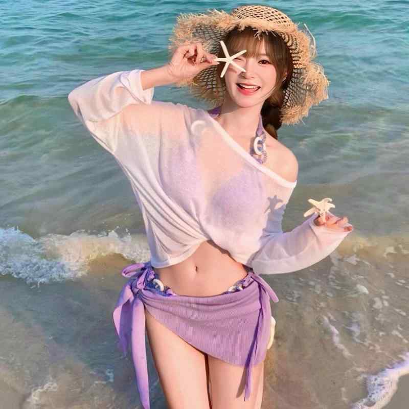 水着 レディース ビキニ 4点セット パープル 無地 セクシー スイムウェア 体系カバー 小胸 盛れる バンドゥ フリル 温泉 海水浴 プール ビーチ リゾート 旅行 ポリエステル