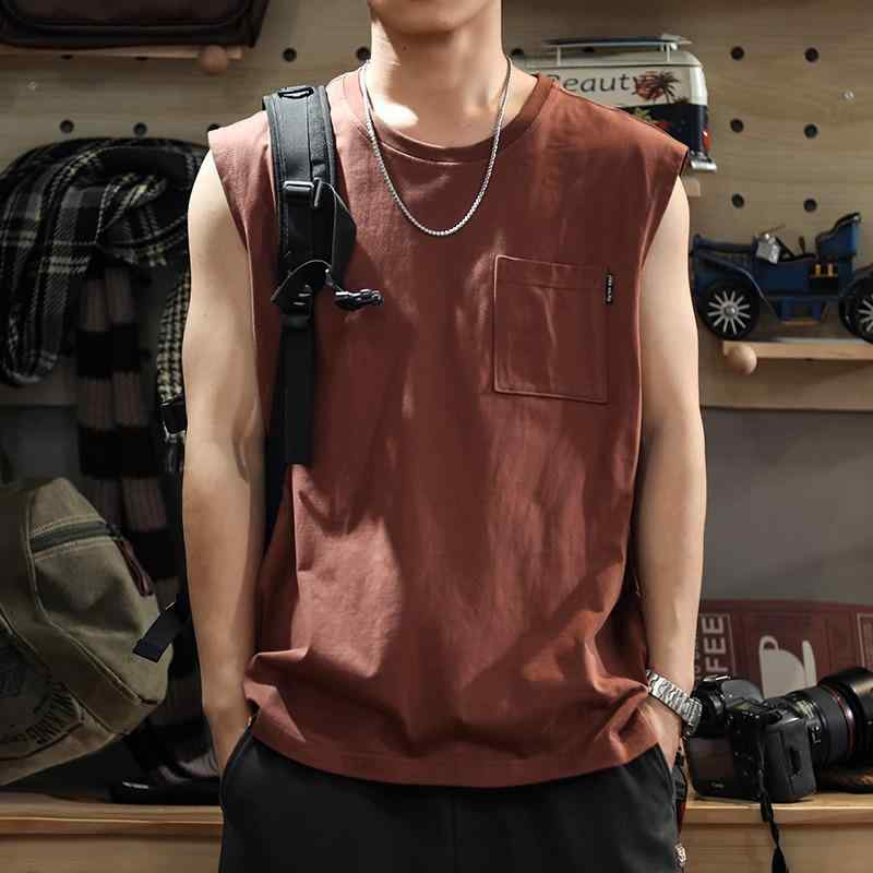 ベスト メンズ 男性用 コットン 綿100% 無地 ノースリーブ Tシャツ タンクトップ ゆったり ルーズフィット アメカジ スポーツ トレーニング ウェア ブラック レッド カーキ