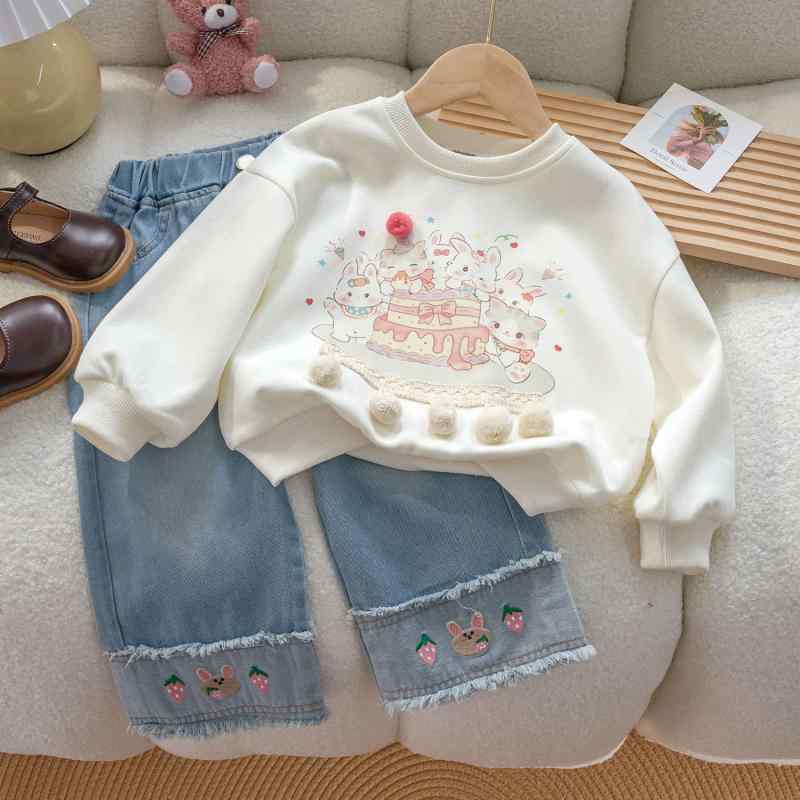 子供服 パンツ セットアップ 女の子 秋物 韓国風 かわいい 猫柄 トレーナー 刺繍 デニム ワイドパンツ ピンク系