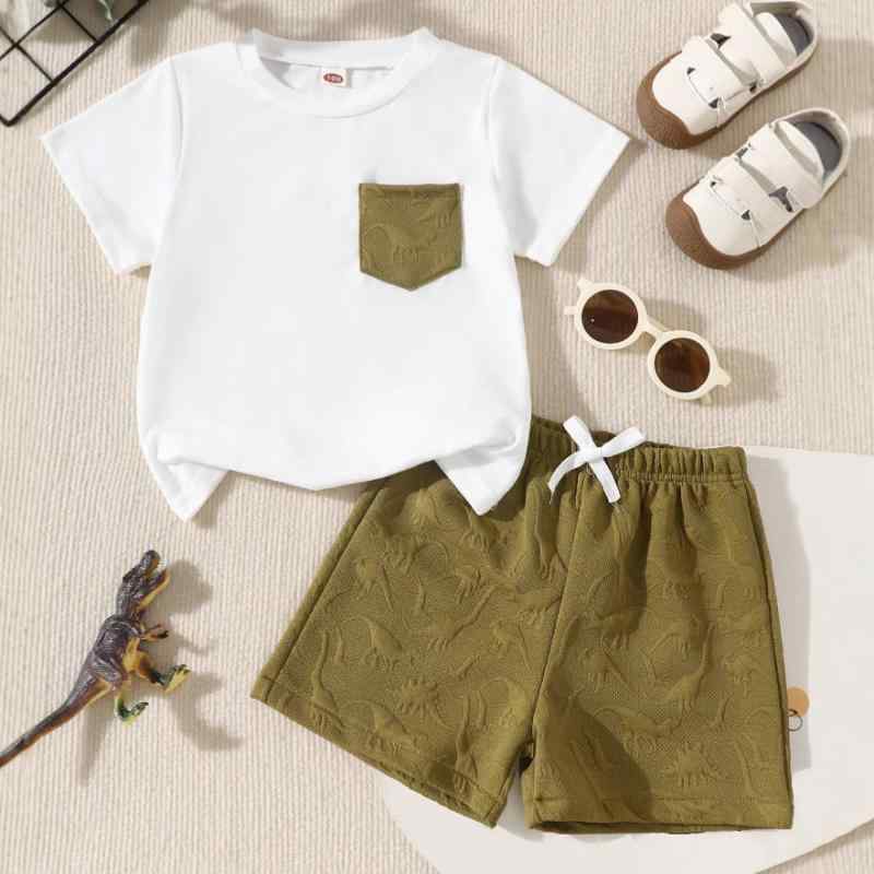 子供用Tシャツ パンツ 2点セット 男の子 半袖 恐竜柄 夏 カジュアル 普段着 ボーイズ 上下セット 100 110 120 130 ホワイト