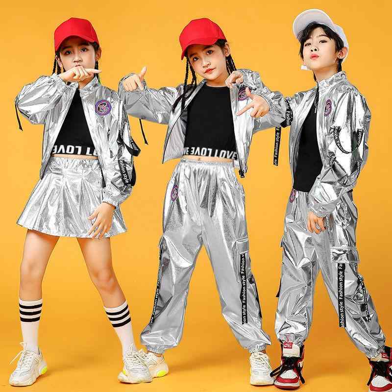 子供服 セットアップ ストリート ダンス 衣装 ヒップホップ ジャズ 発表会 舞台 演出 服 男の子 女の子 上下セット トップス パンツ スカート コーデュロイ 銀色 シルバー 110 120 130 140 150 160 170 180 春秋