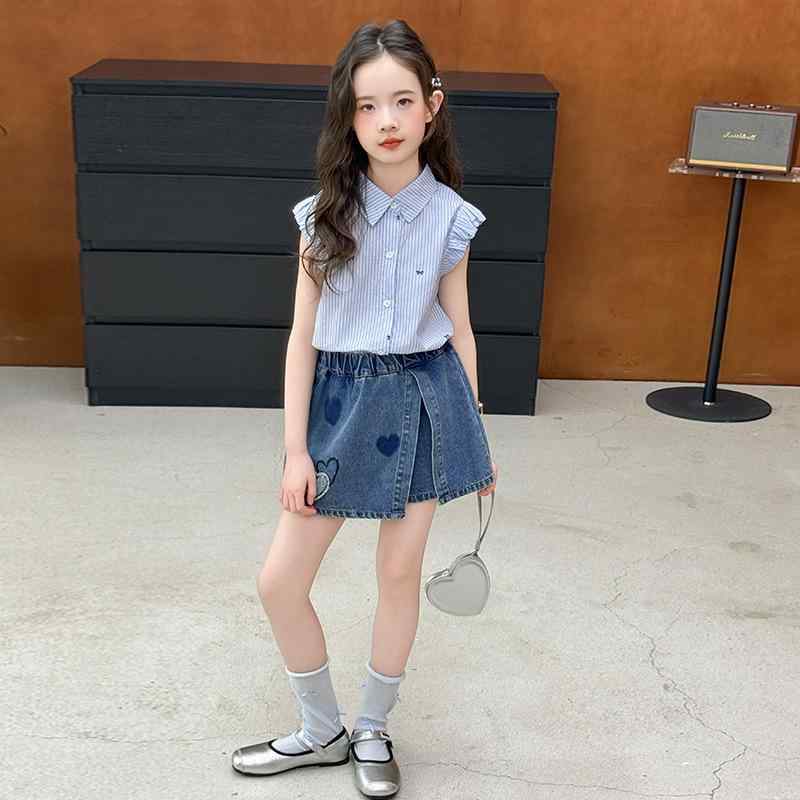 子供用セットアップ 女の子 ストライプ柄シャツ デニムスカート付きパンツ 2点セット 夏物 カジュアルスタイル 薄手 普段使い 通学着