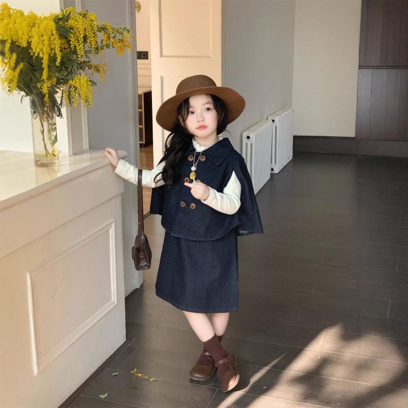 子供服 女の子 デニム 3点セット（長袖トップス + ケープ + ジャンパースカート）カジュアル 普段使い 春秋
