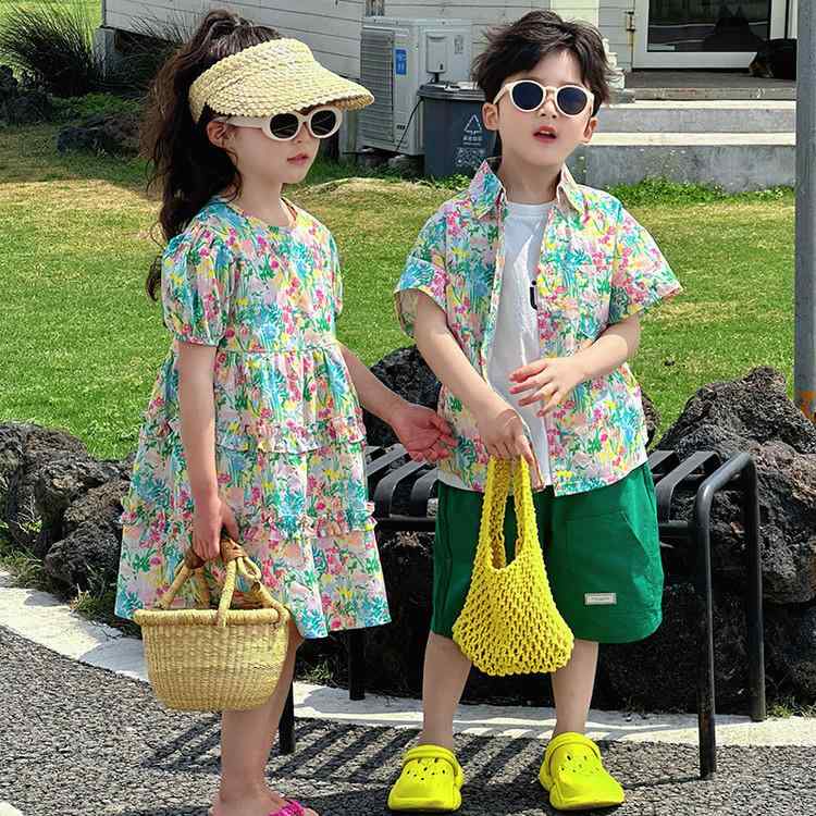 子供服 セットアップ 半袖シャツ ワンピース 夏服 リゾート 花柄 上下セット 綿100％ 薄手 90 100 110 120 130 140 150 160