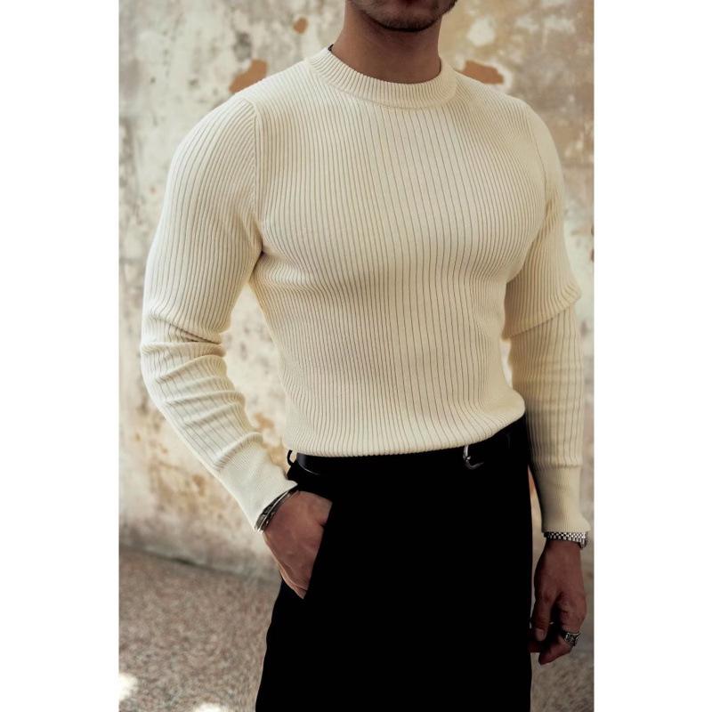 ニット メンズ ニットソー セーター トップス 長袖 スリムフィット ストライプ柄 クルーネック プルオーバー カットソー M L XL 2XL 3XL オフホワイト ブラック