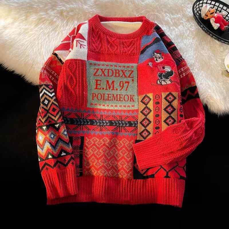 ニット メンズ 北欧風 レトロ調 配色 クルーネック セーター 冬 リラックスフィット 長袖 プルオーバー 普段使い デート 通学 旅行 ポリエステル混紡 レッド系 ベージュ系 ブルー系