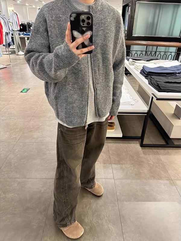 カーディガン メンズ 男性用 ニット 春秋 ジップアップ セーター ゆったり 高級感 ショート丈 トップス 長袖 ポリエステル 灰色 の商品写真