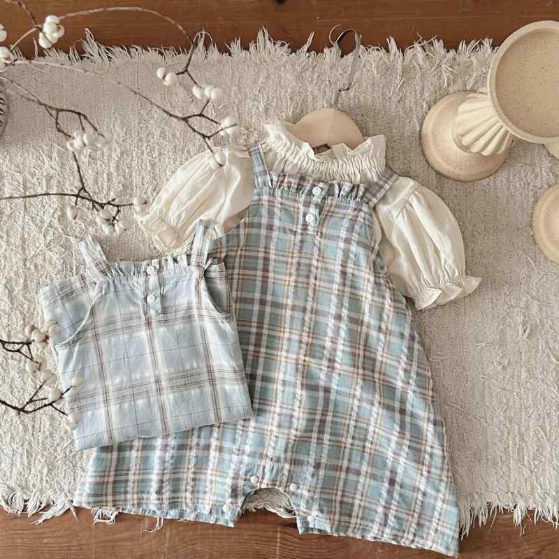 ベビー服 サロペット ノースリーブ ロンパース 薄手 綿 格子柄 春夏 かわいい 韓国風 66 73 80 90