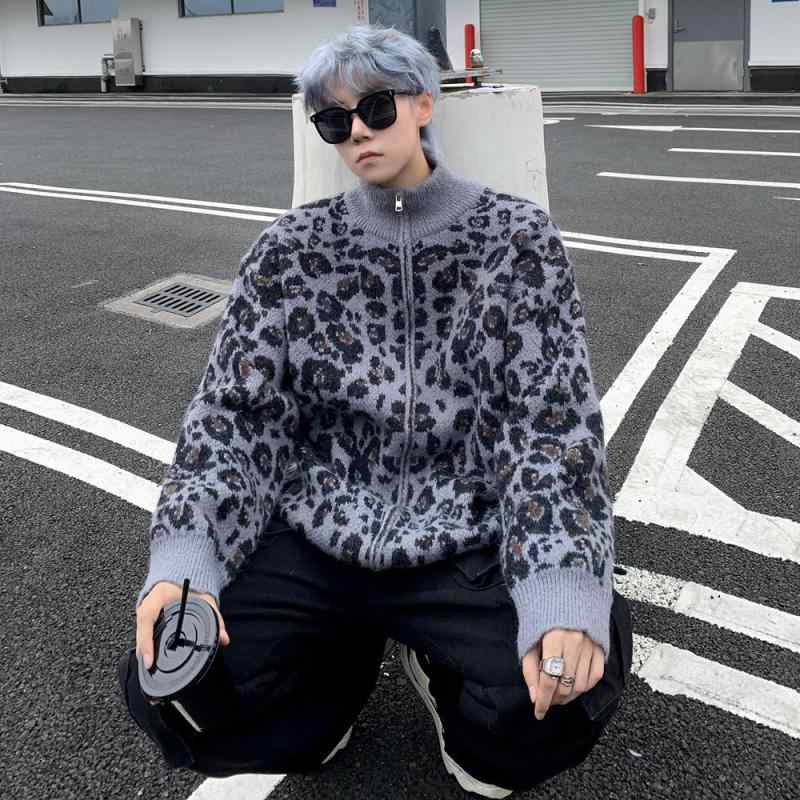 カーディガン メンズ ヒョウ柄 ニット レトロ トップス ルーズ リラックス 線編み アウター 秋冬 普段使い デイリー