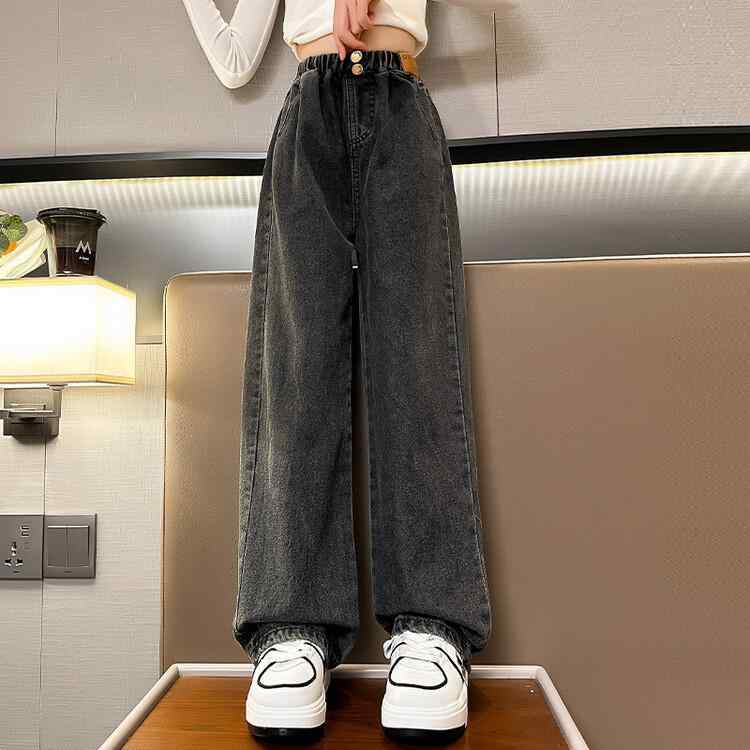 子供 デニムパンツ 春秋 ゆったり ストレート ロングパンツ ワイドレッグ ジーンズ 大童 120cm 130cm 140cm 150cm 160cm 170cm ブルー ブラック