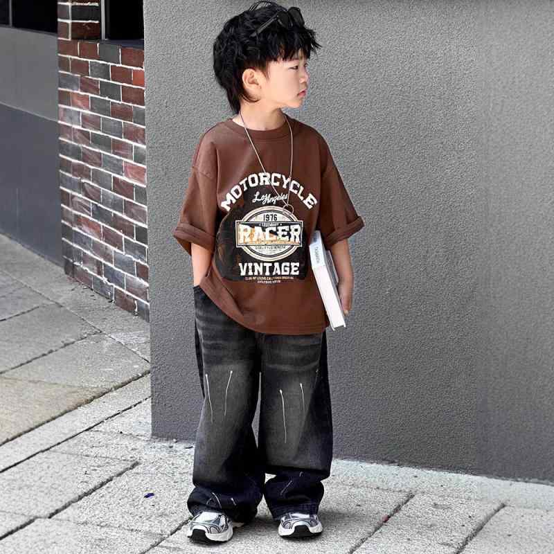 子供用ジーンズ 男女兼用 ブラック デニムパンツ ロングパンツ ゆったり 水墨画風 ウエストゴム ストレート ジーパン ボーイズ ガールズ 100 110 120 130 140 B類