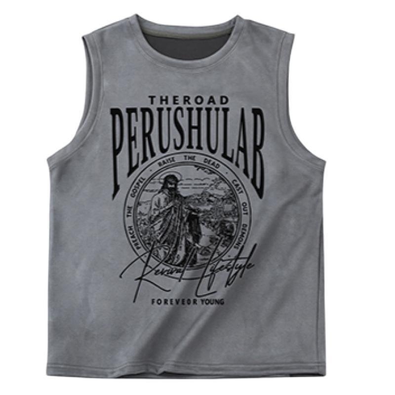 Tシャツ メンズ 男性用 ノースリーブ アメカジ レトロ 古着風 プリント ルーズフィット ストリート スタイル 普段使い ブラック グレー