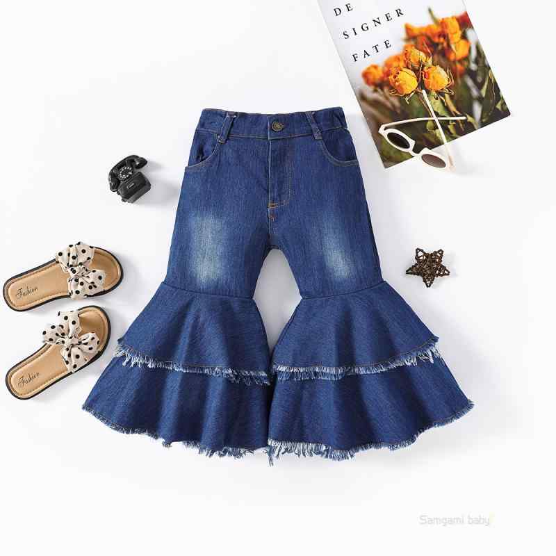 子供服 ガールズ デニムパンツ ジーンズ 長ズボン 春秋 中小 子供 向け 裾フリンジ A類 聚?纖維 混紡 無地 伸縮性 ウエストゴム 普段使い