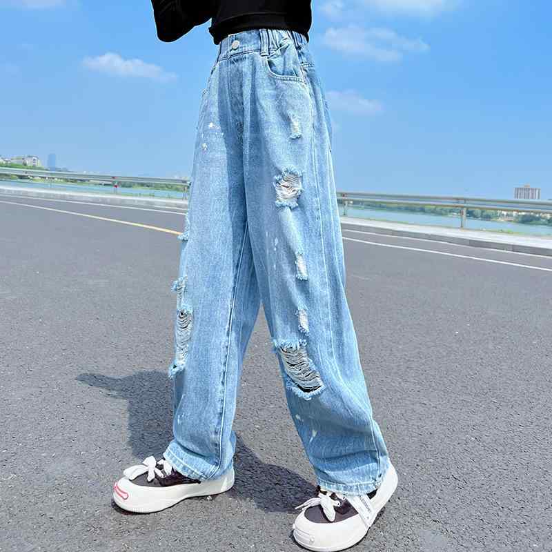 子供服 デニムパンツ 女の子 ワイドレッグパンツ ロングパンツ 8歳以上 140cm以上 中大童向け ジーパン ズボン ポリエステル 秋物 潮范 かわいい 普段着 ブルージーンズ