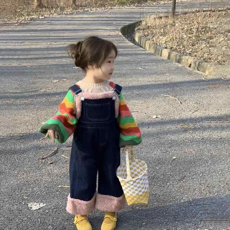 子供服 ガールズ デニムパンツ サロペットパンツ ロングパンツ 女の子 女児 キッズ ベビー 綿 ストライプ 秋 普段着 かわいい 韓国風