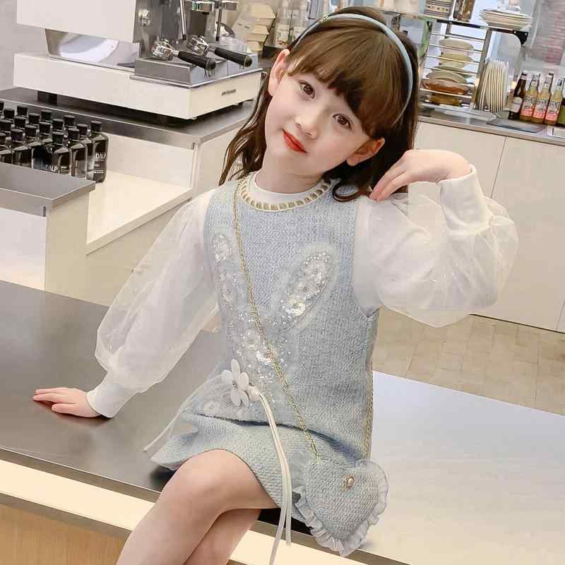 ワンピース キッズ 女の子 長袖 春秋 ベビー 礼服 セットアップ コットン チュール フリル リボン かわいい ブルー バッグ付き