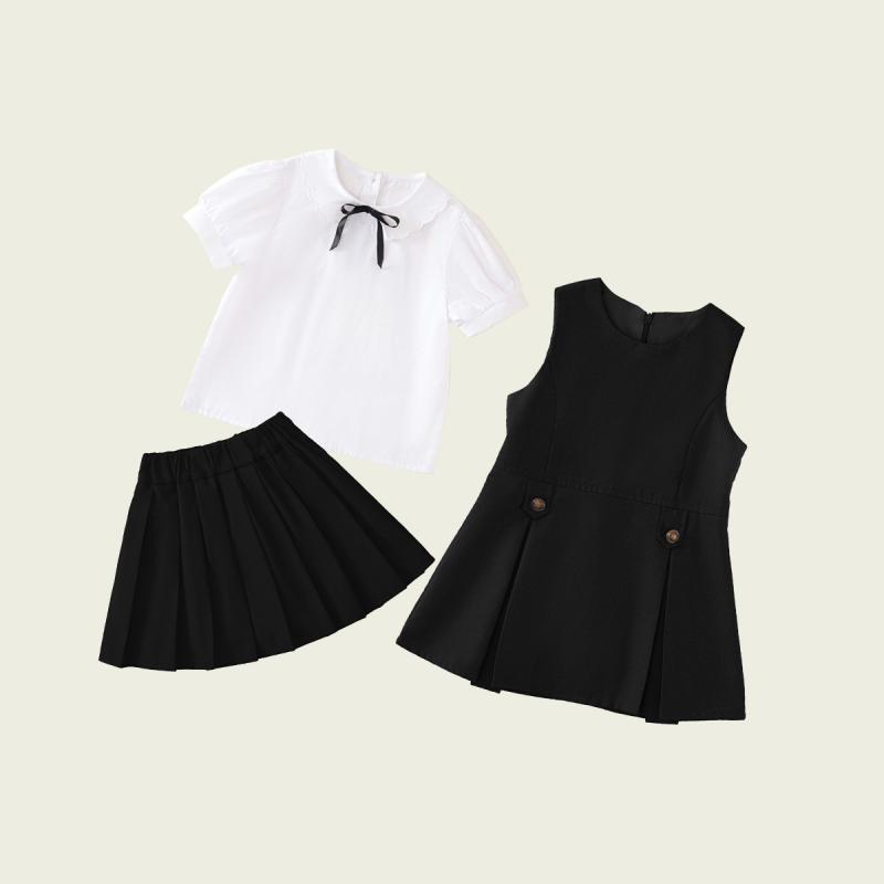子供用スーツ スカートセット 半袖シャツ ノースリーブワンピース 2点セット 制服風 かわいい 学院風 春夏 ブラック 紺 白 100cm 110cm 120cm 130cm 140cm 150cm 160cm