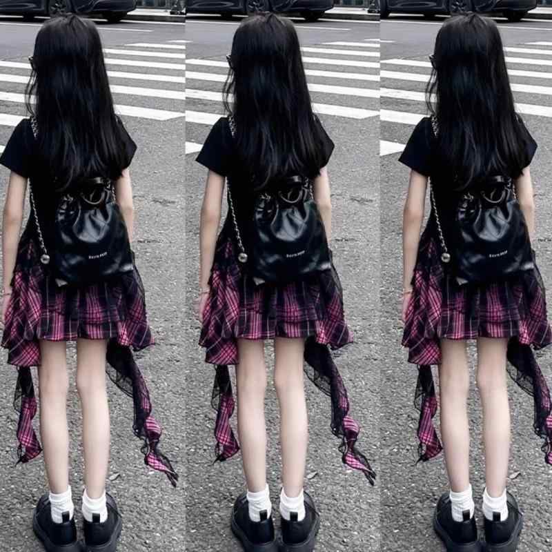 子供用セットアップ キッズ 女の子 薄手 半袖Tシャツ チェック柄スカート風パンツ 上下2点セット 子供服 ストリートダンス 練習着 レッスン着