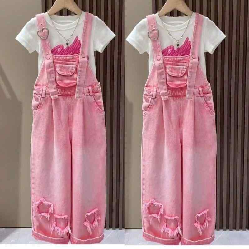 子供服 デニム サロペット セットアップ 女の子 夏物 半袖 トップス ズボン 2点セット かわいい ガールズ 女児 普段着 おしゃれ 120 130 140 150 160 170