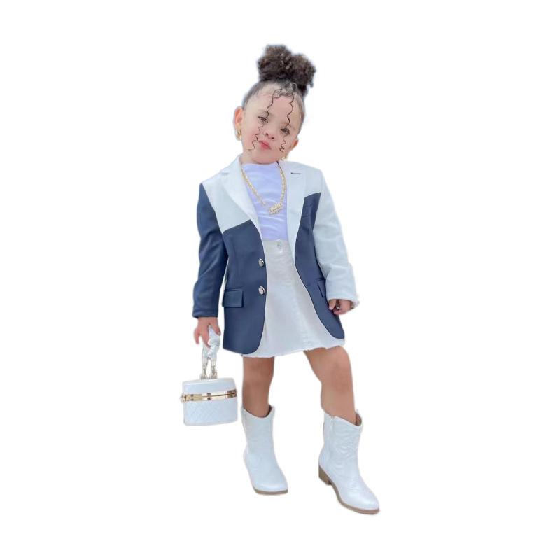 子供服 ジャケット 秋冬 子供用 アウター 配色 切り替え テーラードジャケット 男の子 女の子 カジュアル フォーマル ポリエステル 深青色 紺色 白 90cm 100cm 110cm 120cm 130cm 140cm