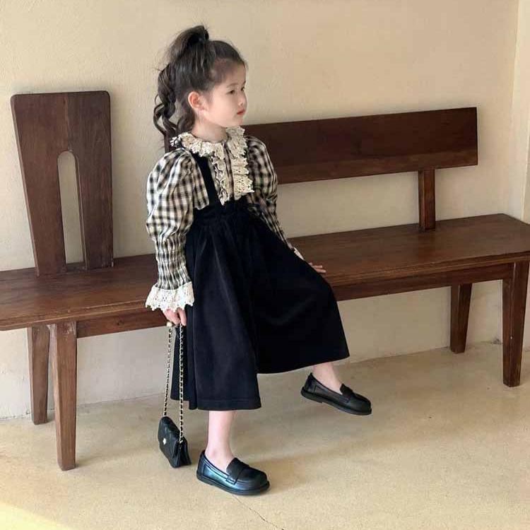 子供用セットアップ 女の子 チェック柄シャツ ベルベット サロペット 2点セット 秋物 韓国風 子供服 長袖 ロングパンツ かわいい おしゃれ着 通園 通学
