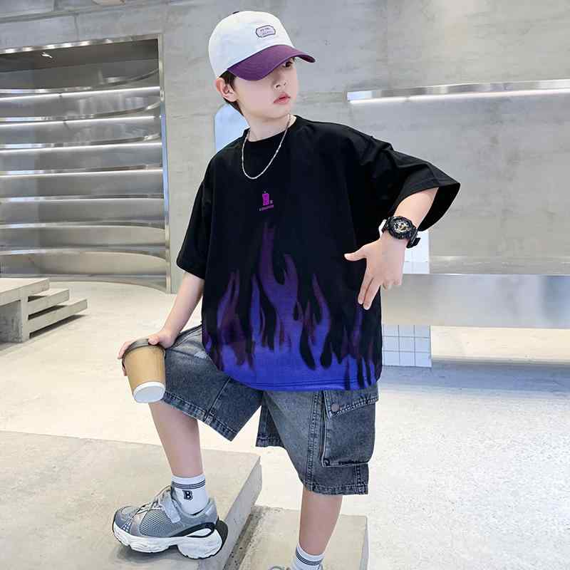 子供用セットアップ 半袖Tシャツ デニムショートパンツ 男の子 夏 薄手 プリント コットン カジュアル 2点セット