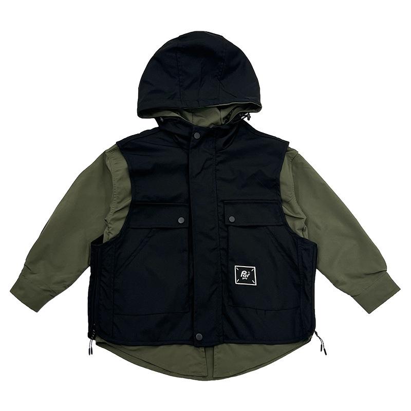 キッズ ジャケット 男児 アウター 子供服 長袖 シャツ フェイクレイヤード パーカー 立襟 カジュアル ブラック 秋