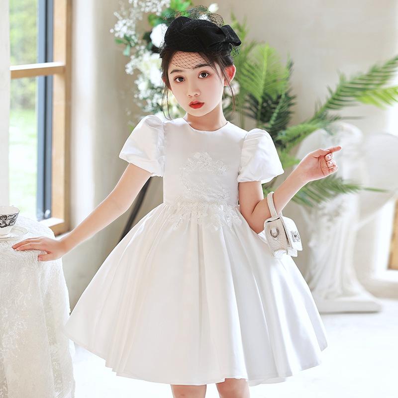 子供用ドレス 女の子 白 サテン 発表会 演奏会 プリンセス ワンピース 110cm 120cm 130cm 140cm 150cm 160cm