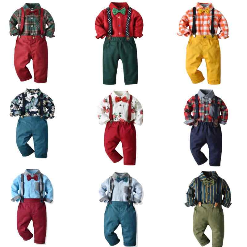 キッズ 男の子用 フォーマルスーツ 長袖シャツ サスペンダー付きパンツ 2点セット コットン チェック柄 ストライプ柄 花柄 クリスマス 結婚式 発表会 卒園式 入学式 70 80 90 100 110 120 130 140 150 160cm