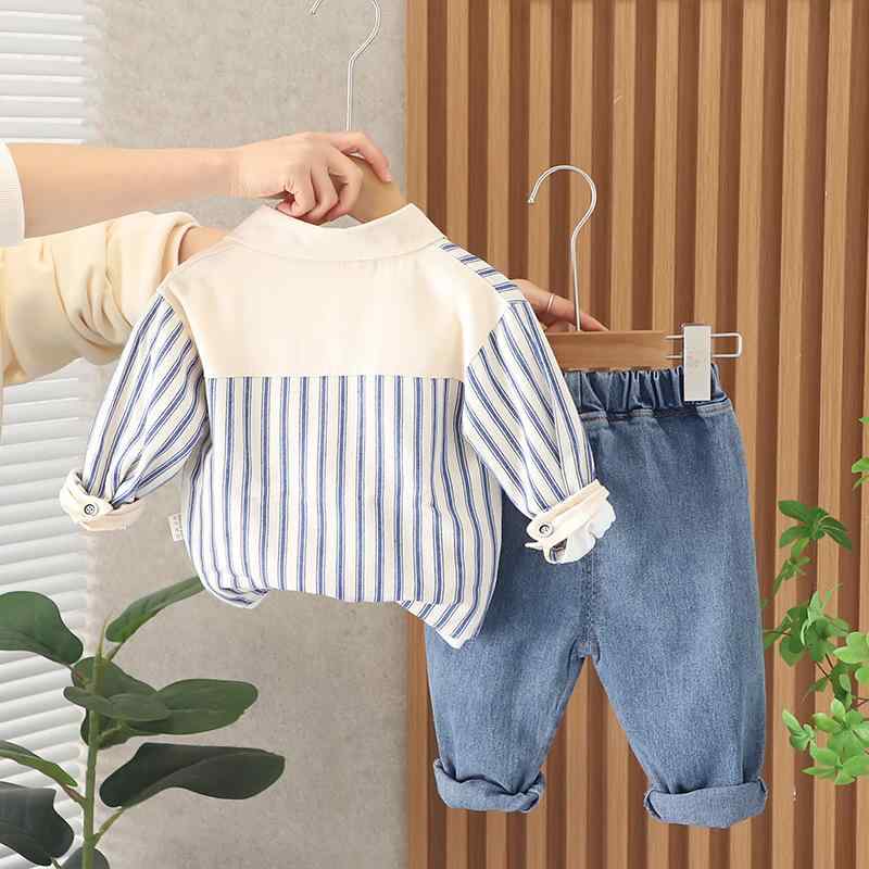 キッズ 服 セットアップ 春秋 長袖 シャツ パンツ 上下 3点セット ストライプ 柄 ボーイズ 男の子 幼児 薄手 綿 おしゃれ かわいい 80 90 100 110 120cm