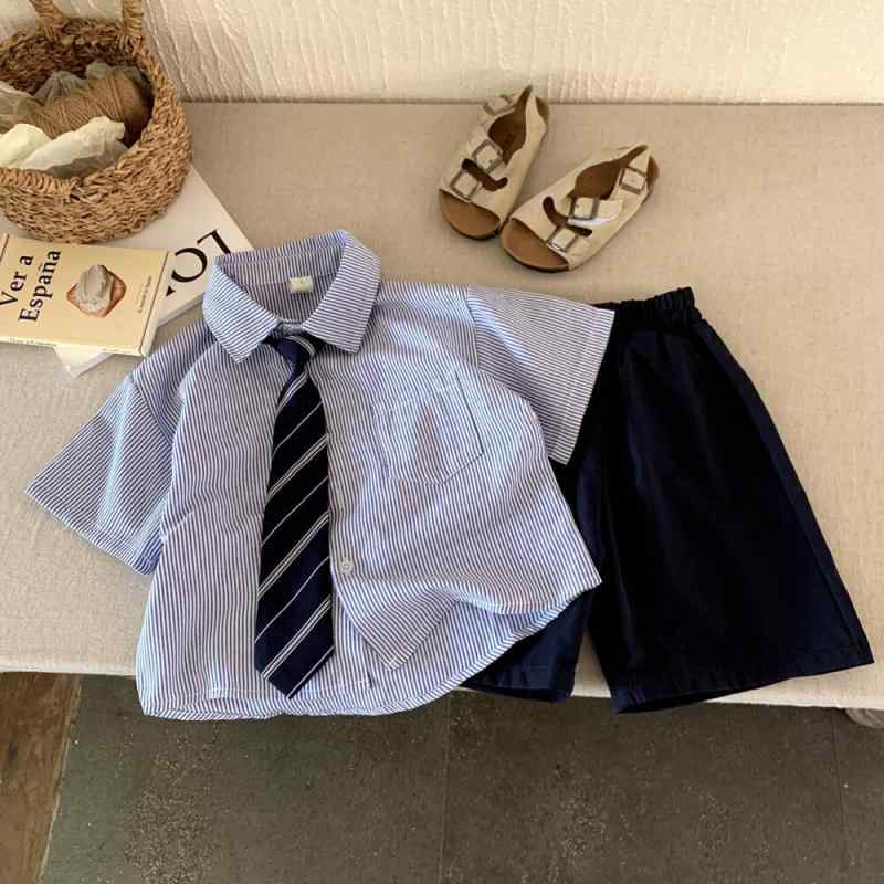 キッズ 半袖シャツ 短パン 上下セット 子供服 男の子 ストライプ柄 薄手 夏用 普段着 おしゃれ かわいい 綿 涼しい ブルー 90cm 100cm 110cm 120cm 130cm 140cm 150cm