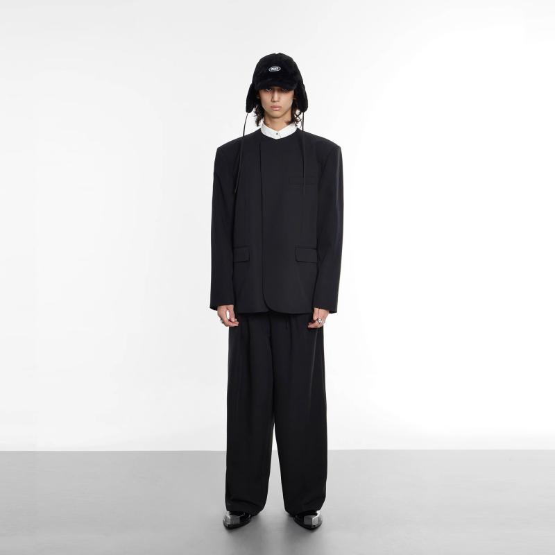 背広 成人男性用 否色合い テーラードジャケット ＆ ズボン下 セットアップ ゆったり 伸縮性 ポリエステル 黒いこと 黒 無地 歳月 メンズファッション-スーツ