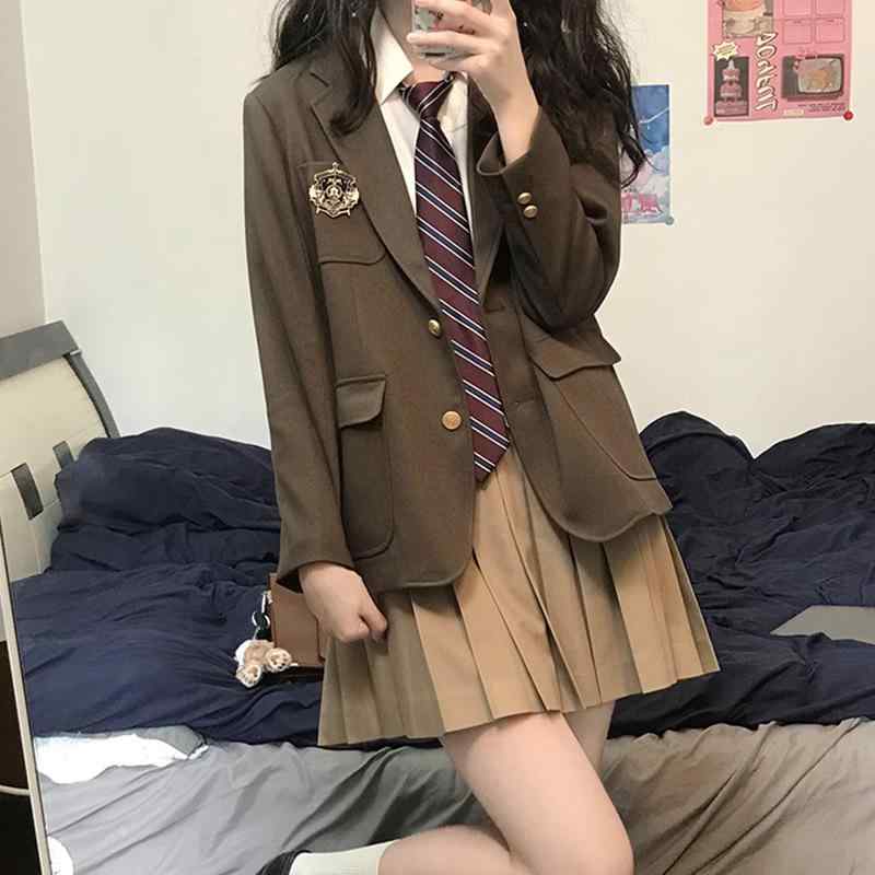 ジャケット レディース JK制服 セットアップ プリーツスカート ミニスカート 長袖ブラウス 制服風 学生風 韓国風 学院風 茶色 黒