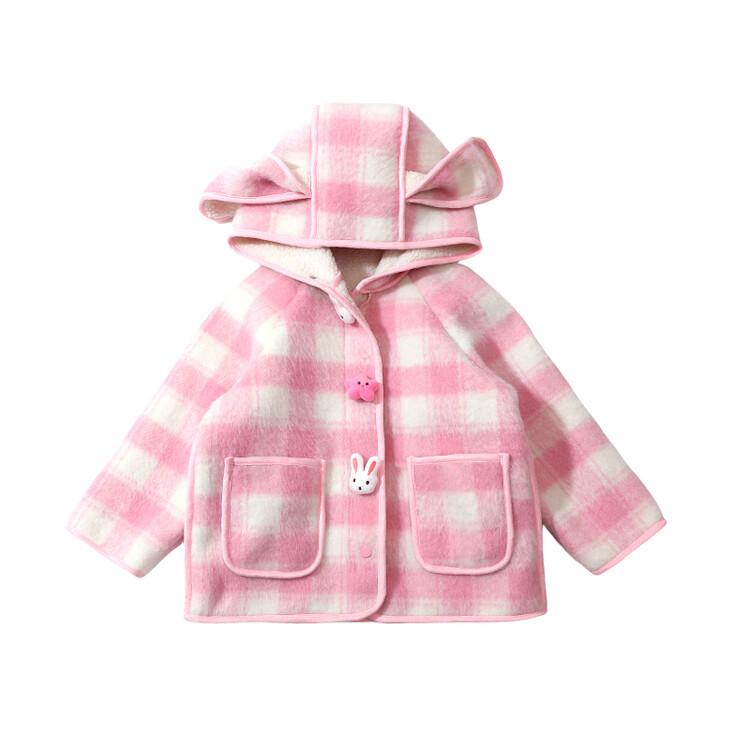 子供服コート ガールズ 格子柄 厚手 中綿 秋冬 アウター かわいい ウサギモチーフ フード付き ジャケット 普段着