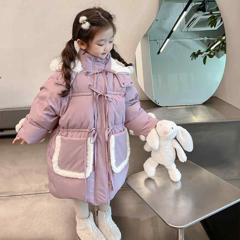 小わっぱ用落ち込む上衣 ガールズ 中綿厚地の外套 冬服 アウター 中長丈 ボンネット付き添い人 90珊 100珊 110珊 120珊 130珊 140珊 愛くるしい パープル キッズファッション-コート・ジャケット