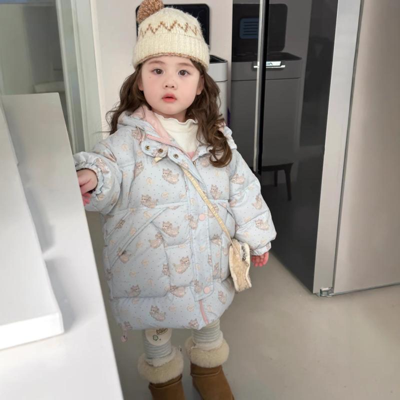 子供服 ダウンジャケット 女の子 中綿 コート キッズ フード付き 中長丈 白ダックダウン 冬 プリンセス ゆったり 100 110 120 130 ブルー|Tanzan