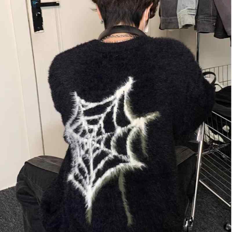 ニット メンズ 男性用 スパイダー柄 ミンク カシミヤ 長袖 トップス 厚手 防寒 保温 韓国風 ストリート カジュアル ブラック 黒 ホワイト 白 秋冬