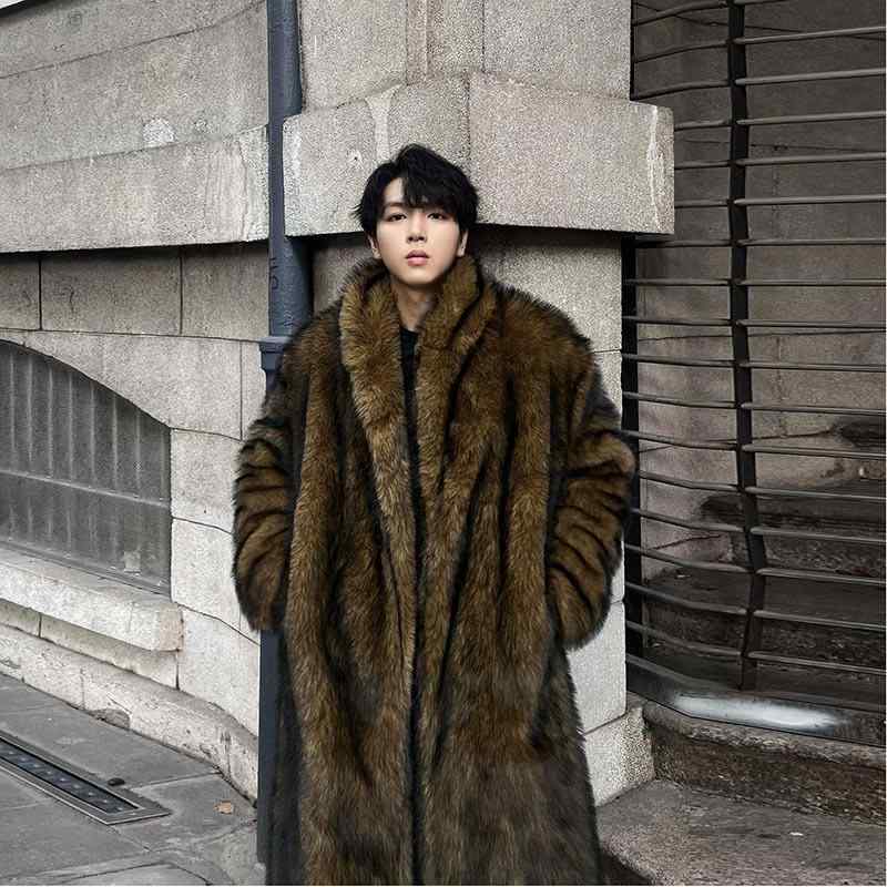 厚地の外套 メンズ 成人男性用 フェイクファー ロング丈 生あたたかい 防寒 再利用原材料 人工獣の皮 襟付き添い人 ゆったり 赤銅色 ベージュ カーキ 秋冬 メンズファッション-コート・ジャケット