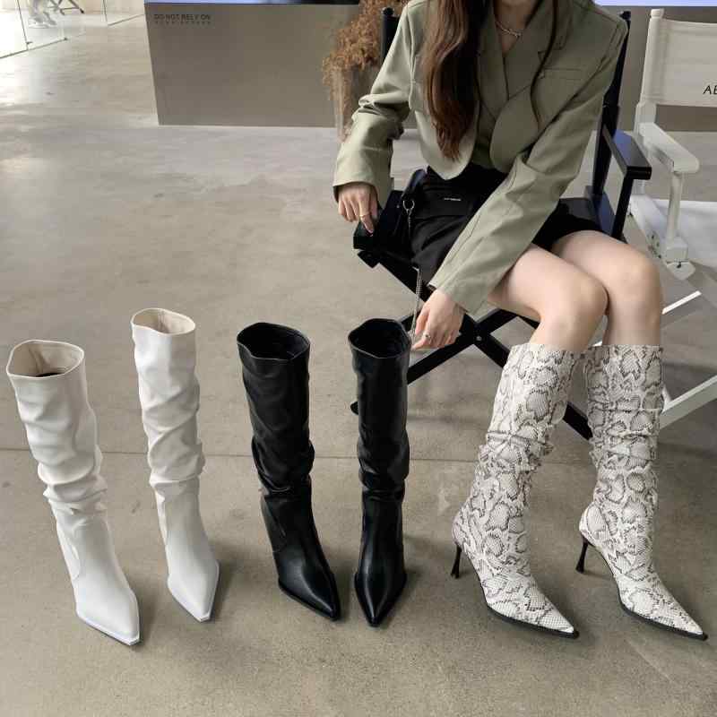 ブーツ レディース 蛇柄 褶? ?踵 ポインテッドトゥ ハイヒール ロングブーツ 乗り尻ブーツ 伸ばすこと 美脚 高筒 秋冬