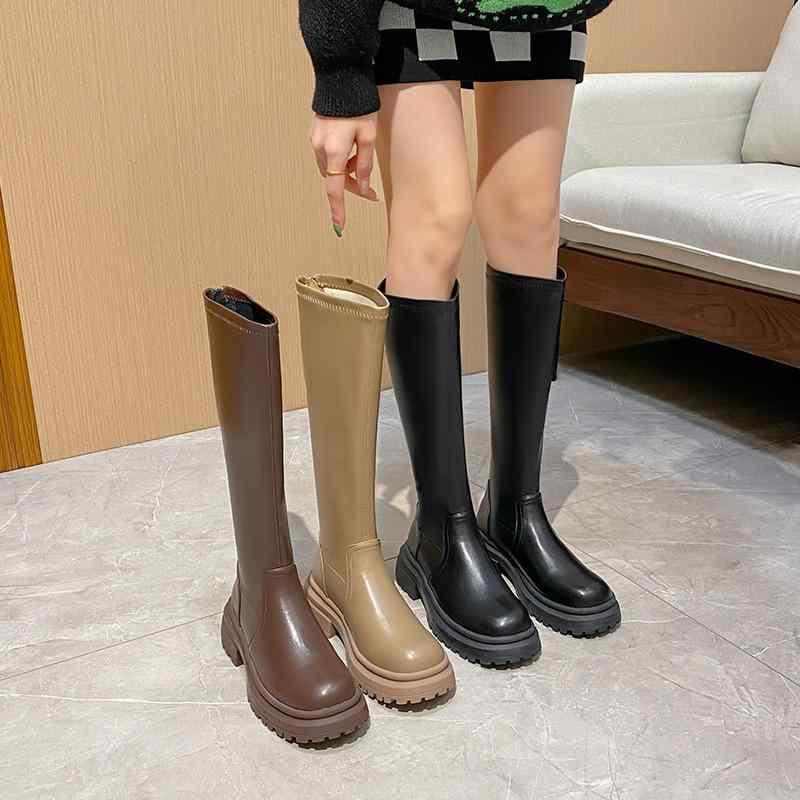 ブーツ レディース 筒太 高筒ブーツ 広広とした 秋冬 木目細か踵 チャンキーヒール ゆったり 履き口 3E 4E 幅ひろい かん高い 黒 赤銅色 杏