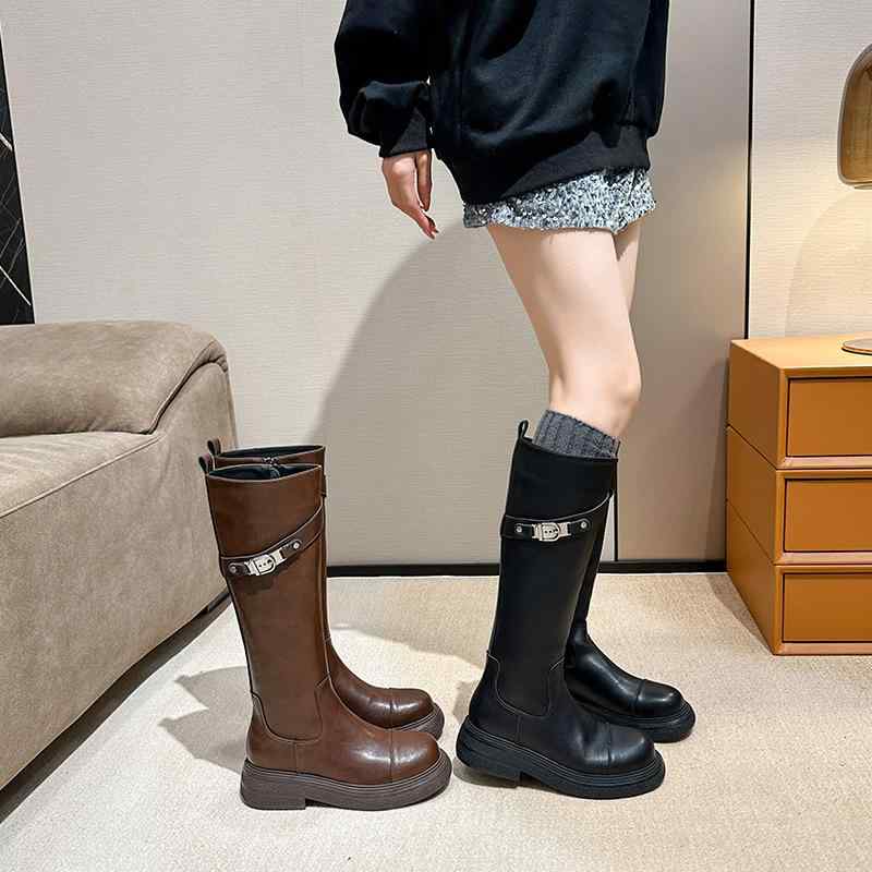 ブーツ レディース お上さん靴 秋冬 本革 厚底 乗り尻ブーツ ロングブーツ 筒高 秋冬 3糎踵 チャンキーヒール ラウンドトゥ サイドジップ 普段使い