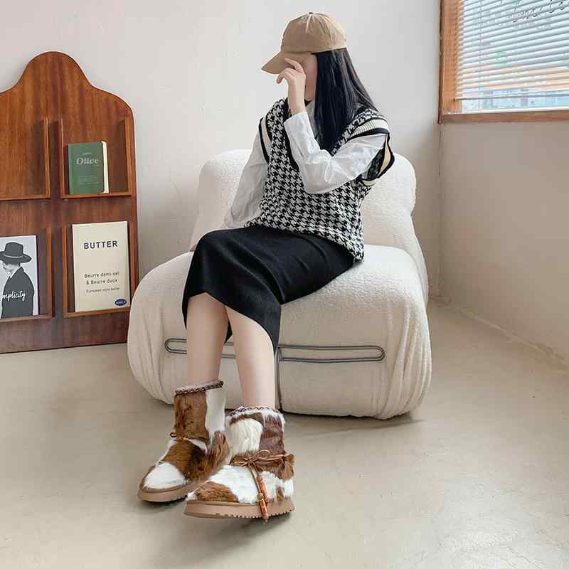 スノーブーツ レディース 女性用 本革 レザー ムートンブーツ 厚底 ショートブーツ 暖か 防寒 滑り止め カジュアル 秋冬 格子柄 浅棕色｜Tanzan