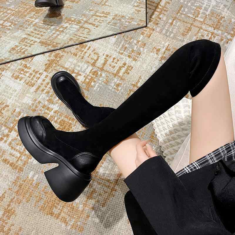 ブーツ レディース ロングブーツ 秋冬 本革製 伸ばすこと 厚底 9糎踵 美脚成り行き 歩き分かりやすい 街頭 心地よい 表現スタイル 黒 赤銅色 34-40