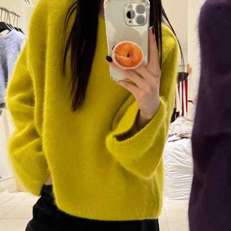 ニット レディース 秋冬 ミンク混紡 プルオーバー セーター ゆったり トップス 長袖 ラウンドネック ピンク系 グレー グリーン レモンイエロー あったか かわいい 私服 普段使い